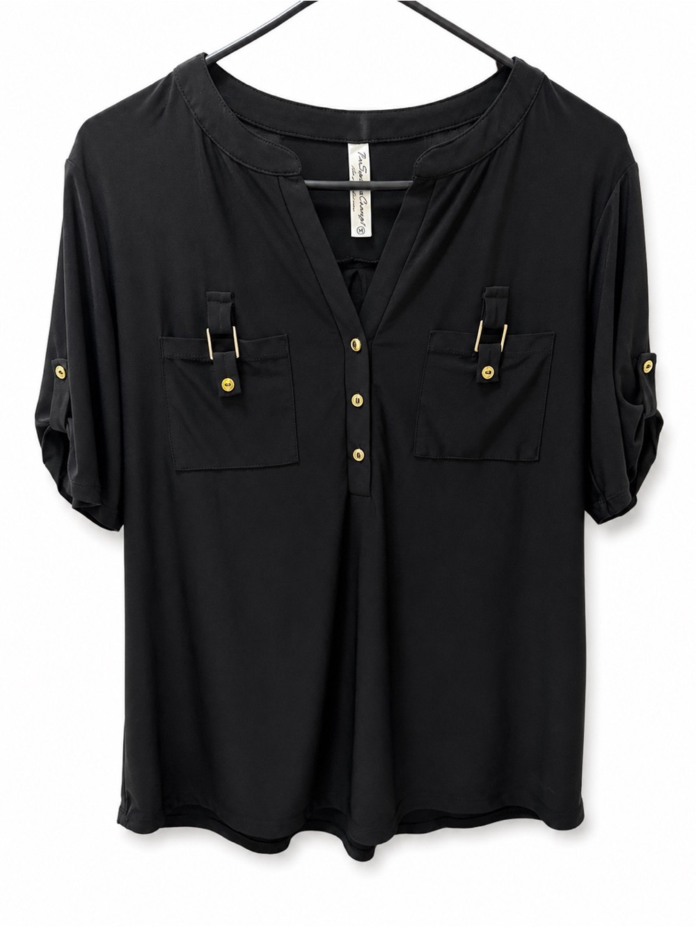 🖤 PerSeption Concept Black Roll Tab Pocket Blouse | Gold Hardware | Size M